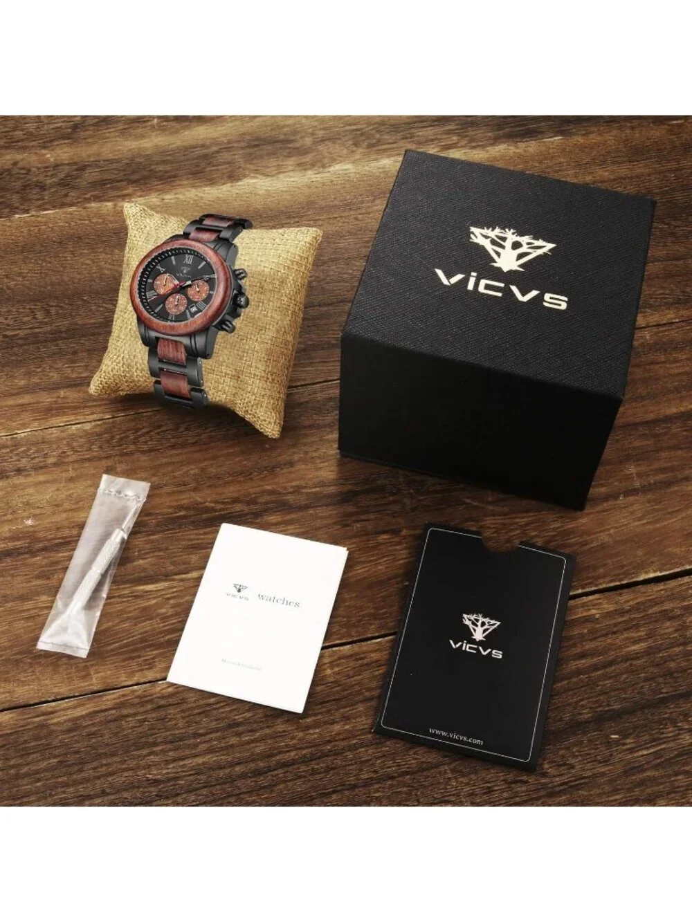 Men's Black Red Stainless Steel Chronograph Solid Multifunctional Wooden Watch